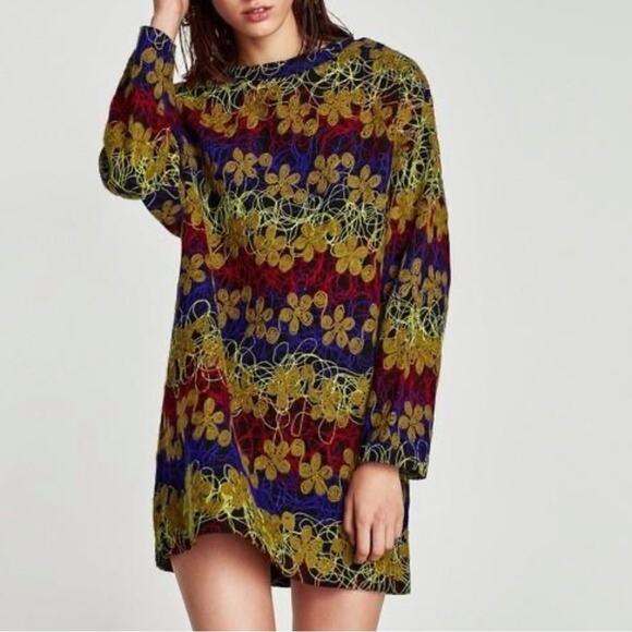 ZARA Sweater Dress Size Medium Embroidered Yarn Flower Knit Boiled Wool Blend - Picture 1 of 15